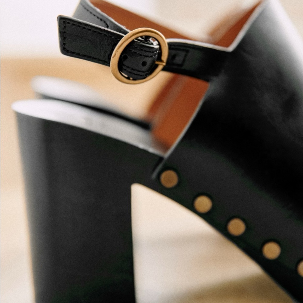 Sezane Black Leather Mules with Gold Accents - Picture 2 of 10